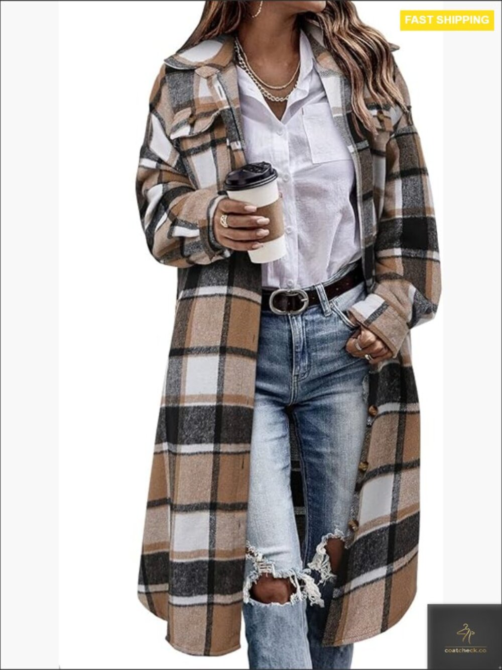 Plaid Shacket Jacket Long Corduroy Button Down Flannel Trench Coat Oversized